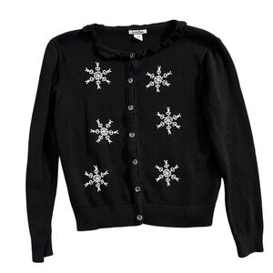 Hartstrings Girls Black Knit Ruffle Neck Snowflake Holiday Beaded Cardigan 14/16